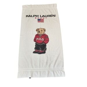 Vintage Ralph Lauren Sport Polo Bear Beach Towel White Cotton Made in USA 67x34